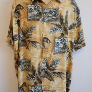 Hawaiian Camp Shirt XLT Yellow Blue Palms